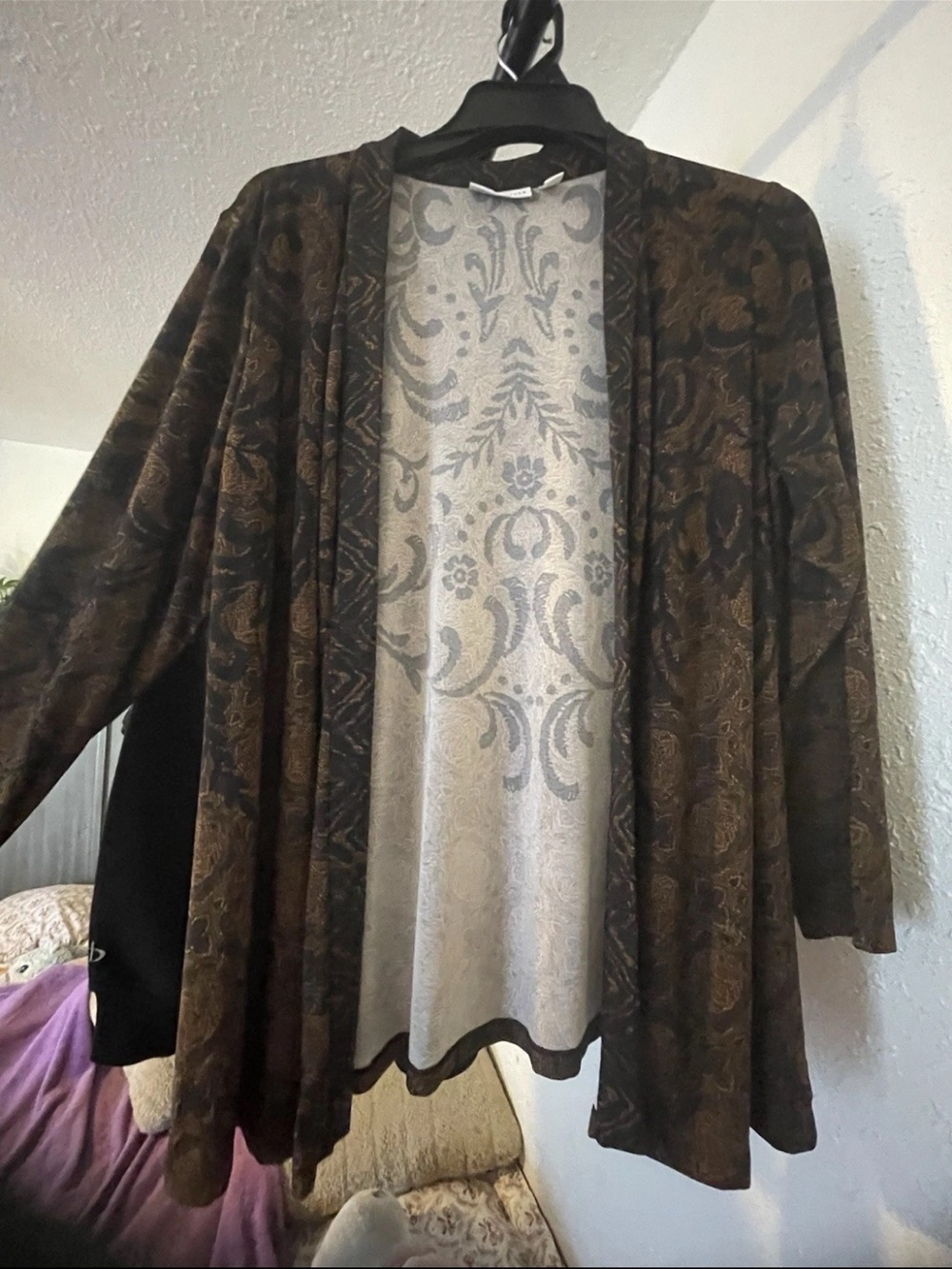 Susan Graver Brown and Black Patterned Open-Front Cardigan